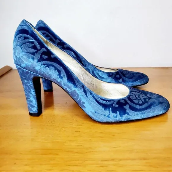 Antonia Sautter Collection Blue Velvet Damask Print Heels Shoes Handmade SZ 37 - Picture 2 of 12